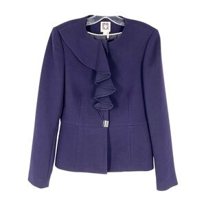 Anne Klein Blazer Womens Size 4 Blue Violet Ruffle Front Professional Jacket